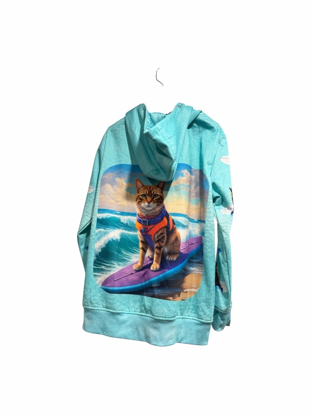 Surfing Cat All Over Print Hoodie Teal Zip Pockets Stain Size XXL - Picture 2 of 4
